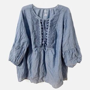 St Johns Bay Chambray Embroidered Boho Pheasant Blouse Tassels Long Bell Sleeves